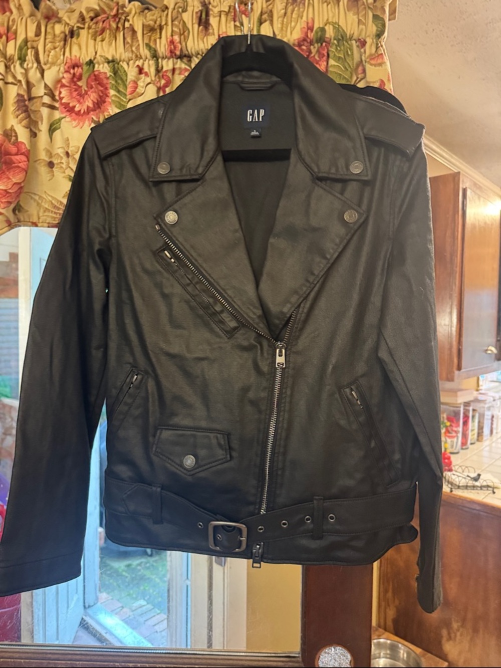 GAP Black Faux Leather Moto Jacket with Belt